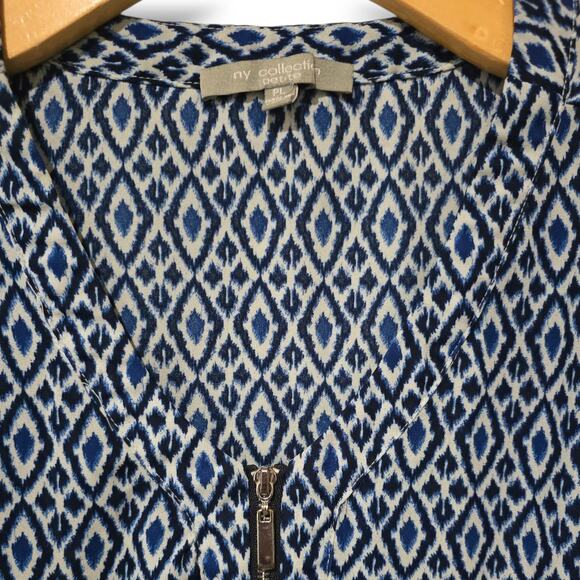 NY Collection Petite Blue Geometric Zip Front Blouse – PL, gently used - Picture 4 of 8